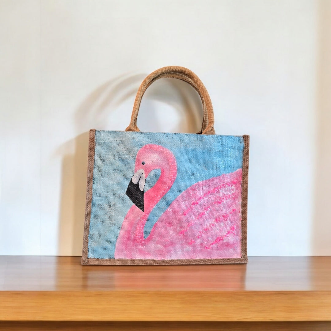 flamingo tote bag, turquoise tote bag, hand painted beaded flamingo jute bag, eco-friendly bird tote