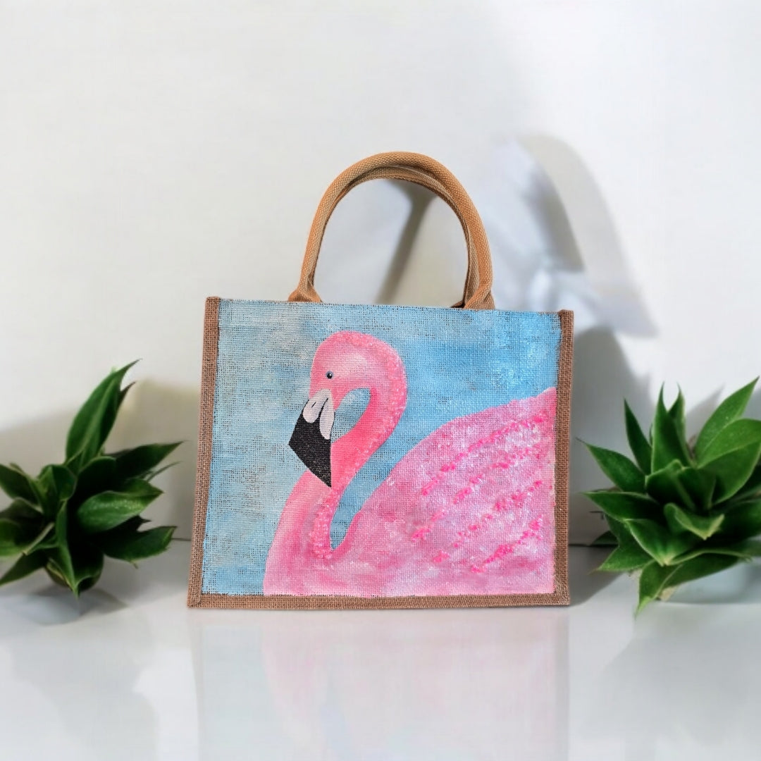 flamingo tote bag, turquoise tote bag, hand painted beaded flamingo jute bag, eco-friendly bird tote
