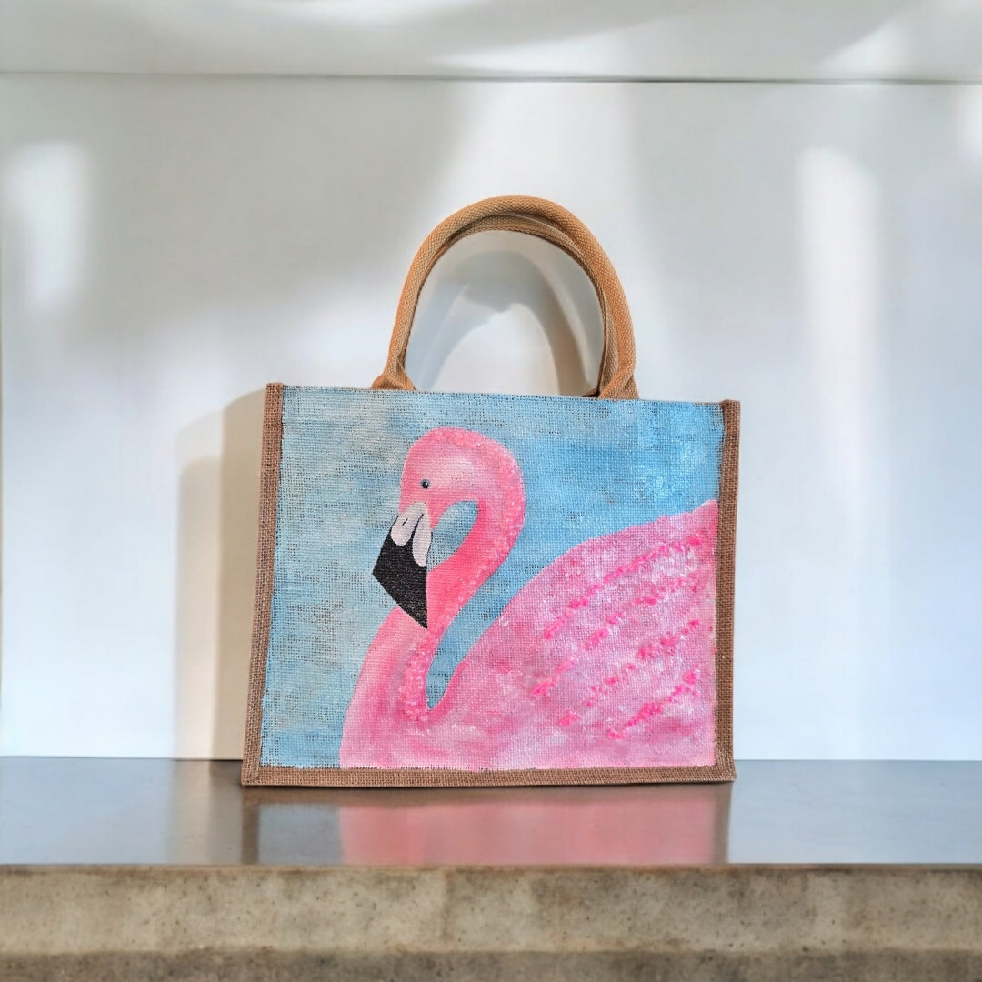 flamingo tote bag, turquoise tote bag, hand painted beaded flamingo jute bag, eco-friendly bird tote