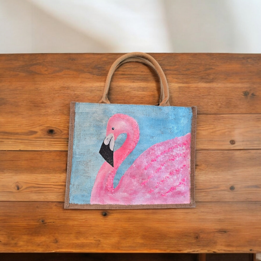 flamingo tote bag, turquoise tote bag, hand painted beaded flamingo jute bag, eco-friendly bird tote