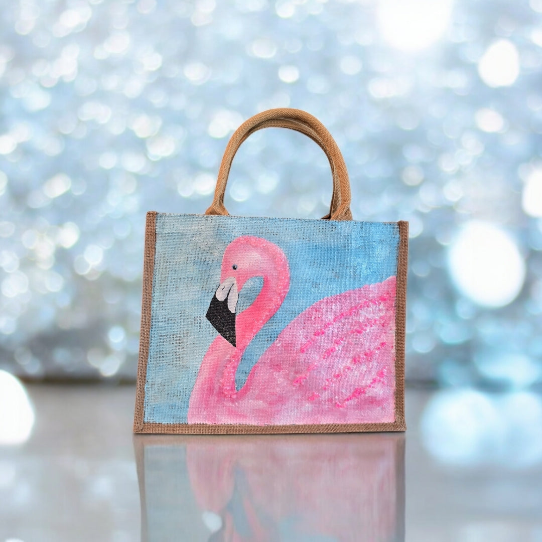 flamingo tote bag, turquoise tote bag, hand painted beaded flamingo jute bag, eco-friendly bird tote