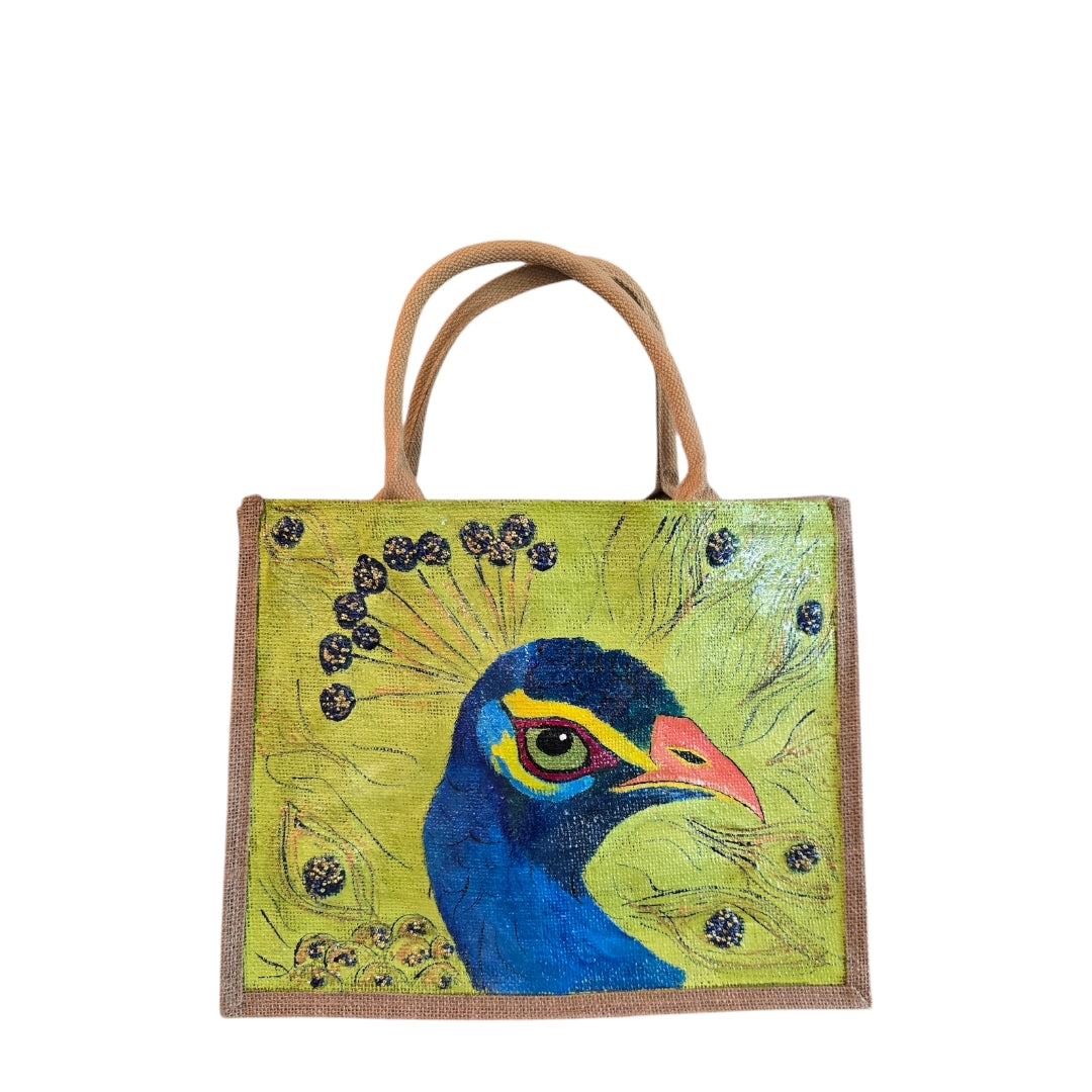 peacock tote bag, green tote bag, hand painted beaded peacock jute bag, eco-friendly bird tote, peacock feather tote