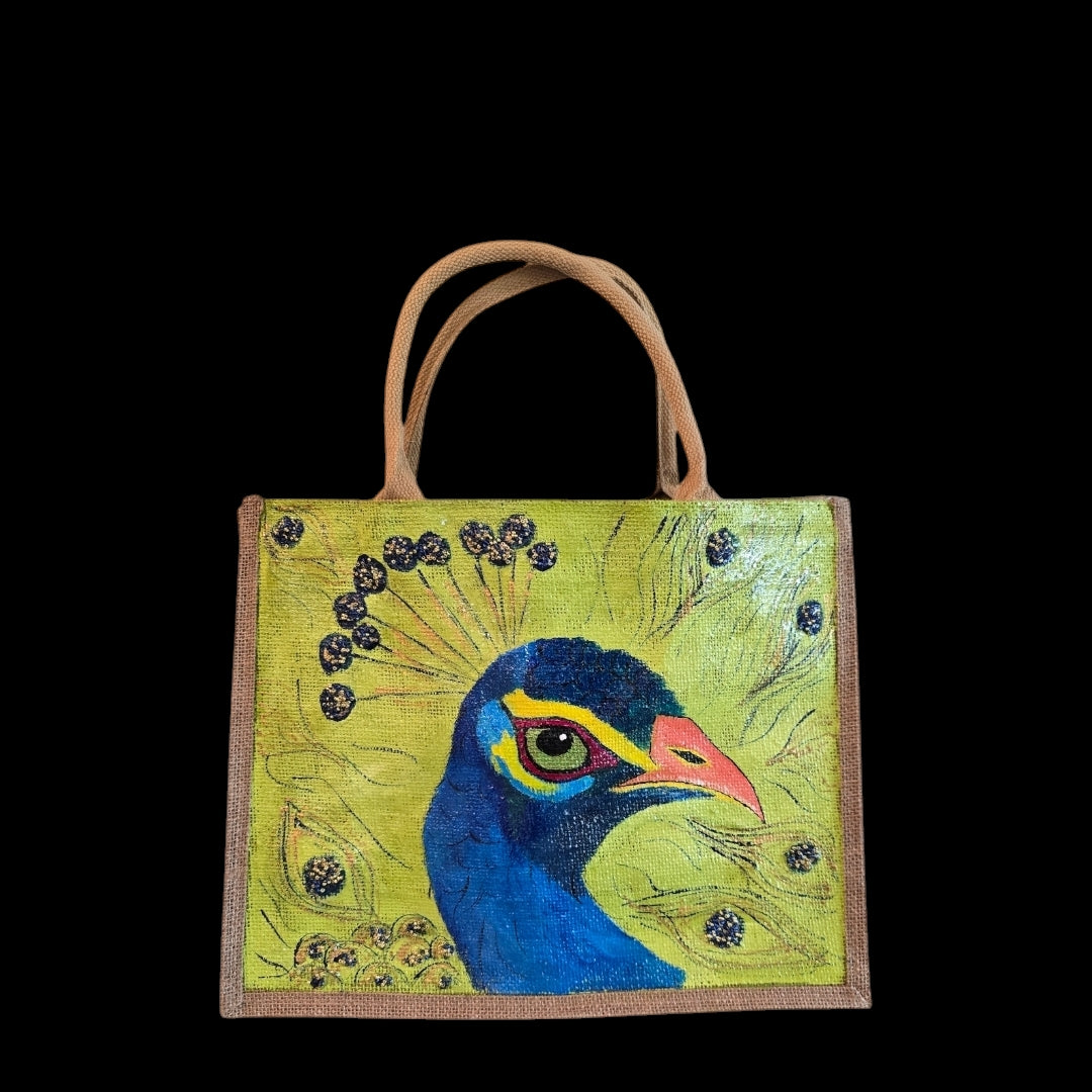 peacock tote bag, green tote bag, hand painted beaded peacock jute bag, eco-friendly bird tote, peacock feather tote