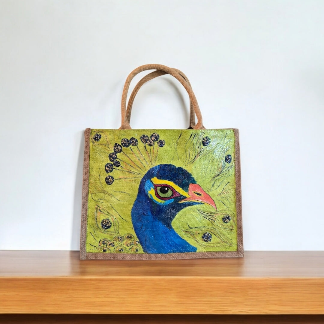 peacock tote bag, green tote bag, hand painted beaded peacock jute bag, eco-friendly bird tote, peacock feather tote