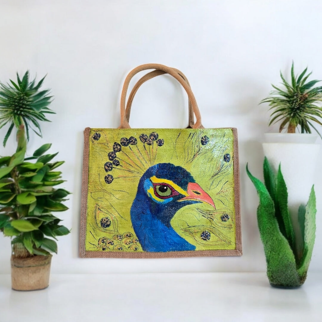 peacock tote bag, green tote bag, hand painted beaded peacock jute bag, eco-friendly bird tote, peacock feather tote