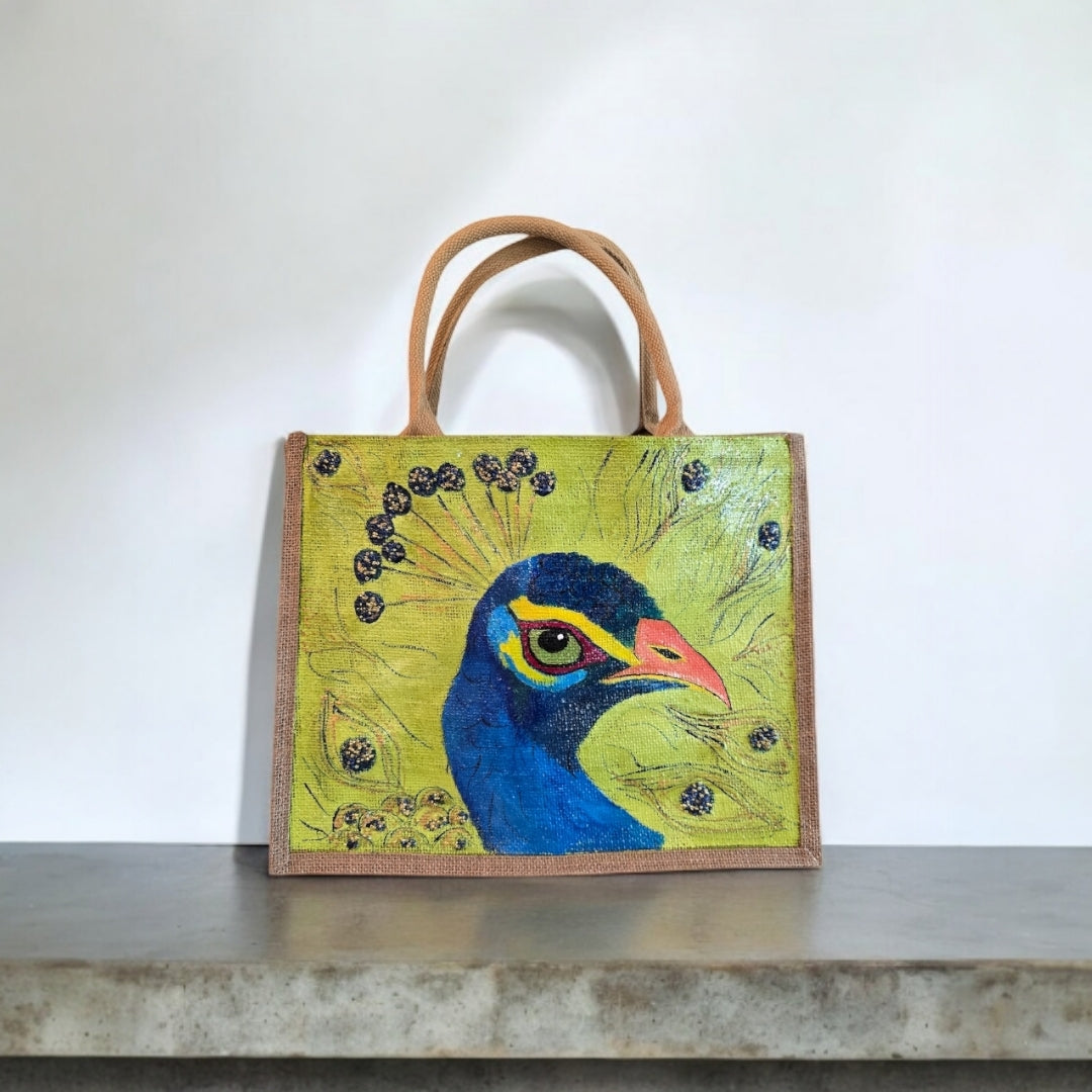 peacock tote bag, green tote bag, hand painted beaded peacock jute bag, eco-friendly bird tote, peacock feather tote