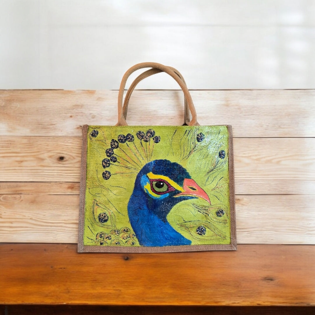 peacock tote bag, green tote bag, hand painted beaded peacock jute bag, eco-friendly bird tote, peacock feather tote