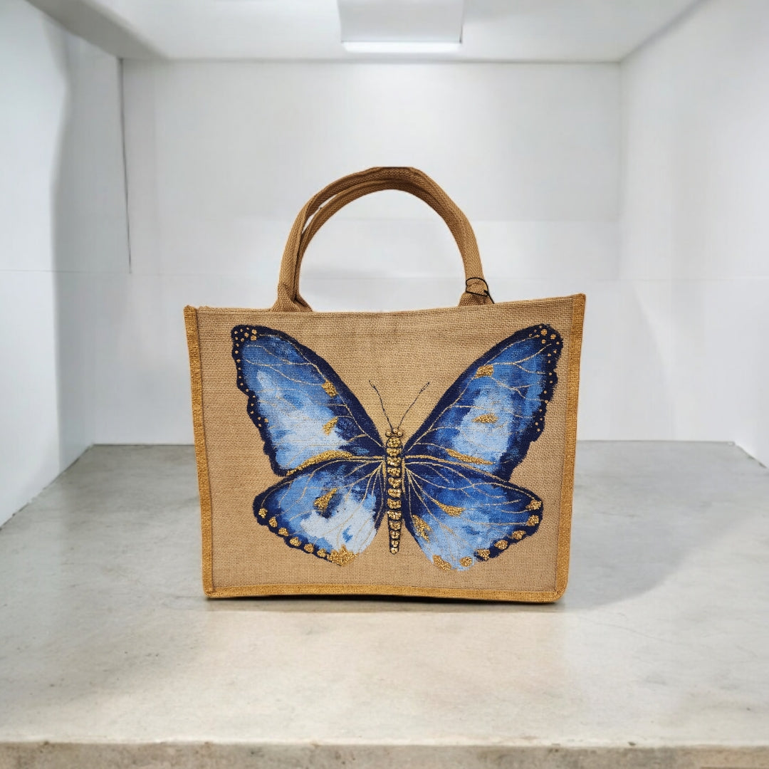 blue butterfly tote bag, off white butterfly tote, hand painted butterfly jute bag, eco-friendly butterfly market bag