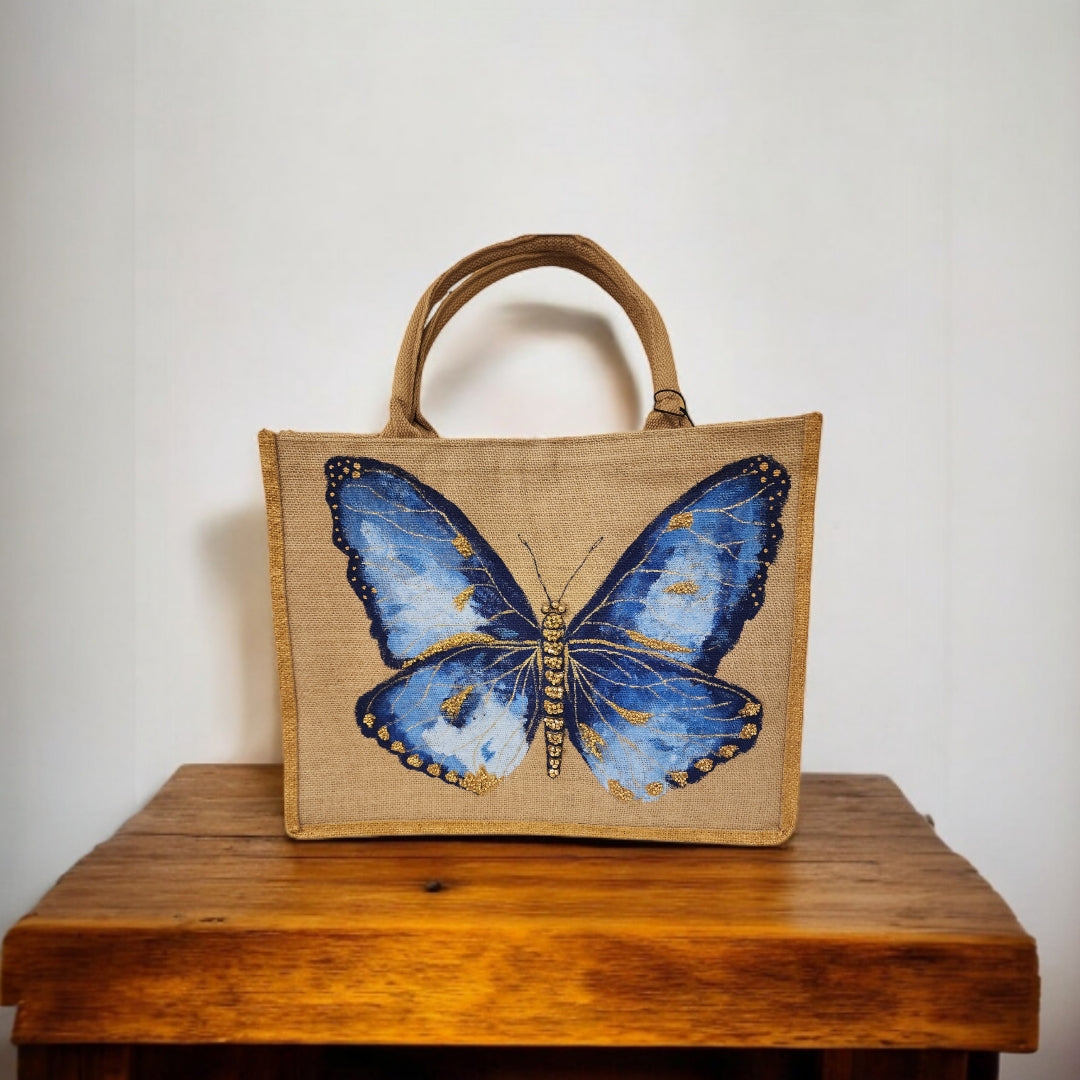 blue butterfly tote bag, off white butterfly tote, hand painted butterfly jute bag, eco-friendly butterfly market bag