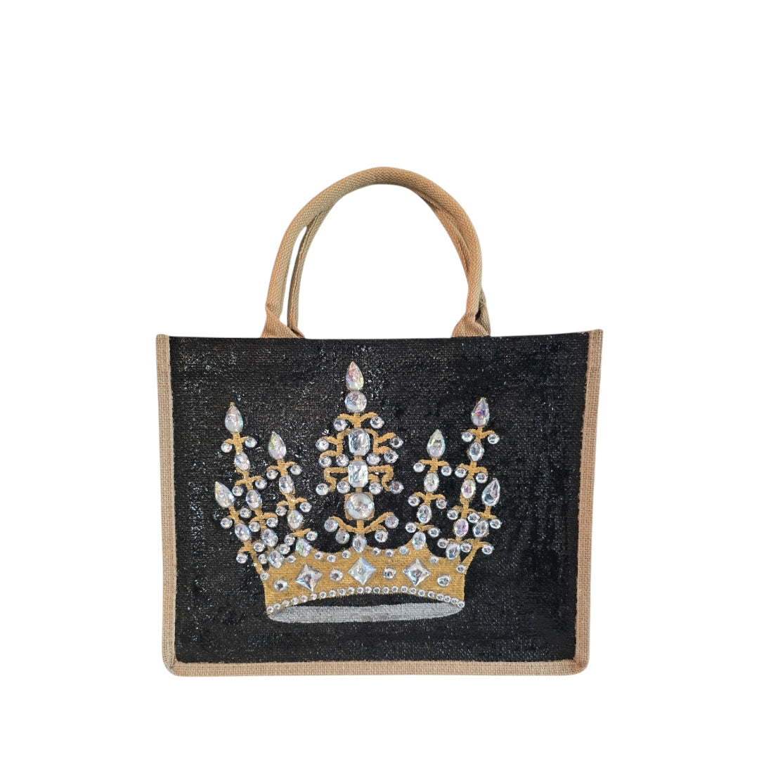Black jute tote bag with hand-painted gold crown and sparkling beaded accents.