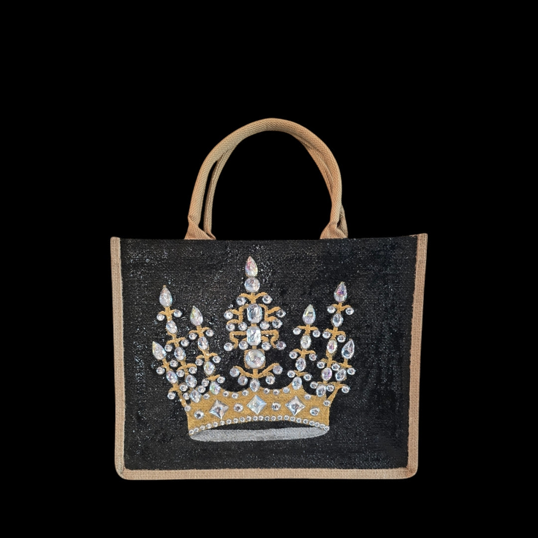 Black jute tote bag with hand-painted gold crown and sparkling beaded accents.