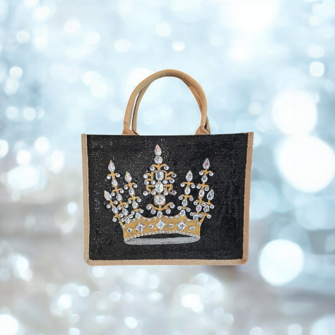 Black jute tote bag with hand-painted gold crown and sparkling beaded accents.