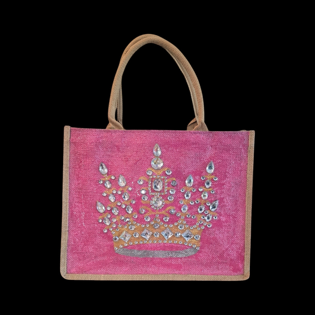 gold crown tote bag, metallic pink tote bag, queen tote bag, princess tote bag, beaded crown jute bag, eco-friendly tote