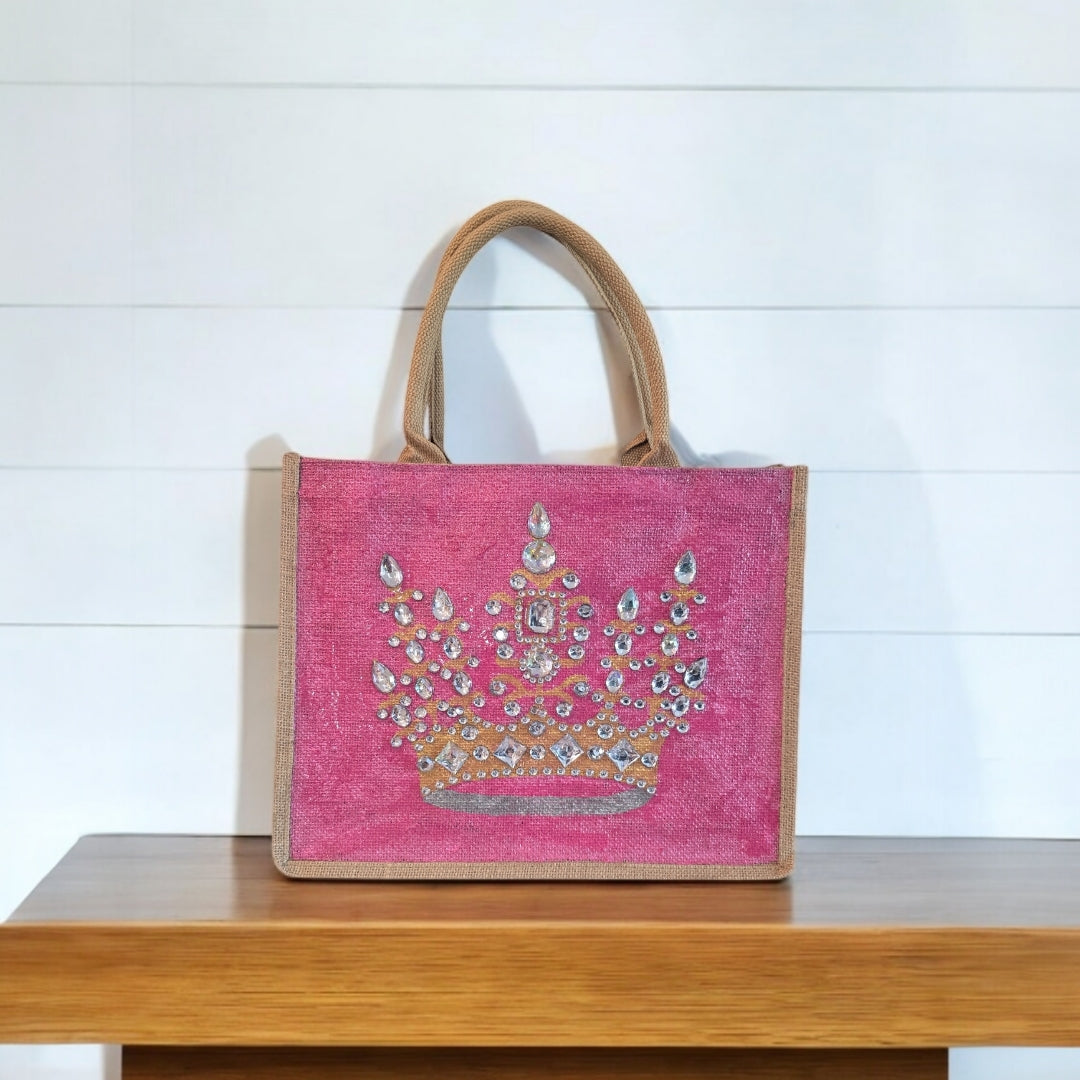 gold crown tote bag, metallic pink tote bag, queen tote bag, princess tote bag, beaded crown jute bag, eco-friendly tote