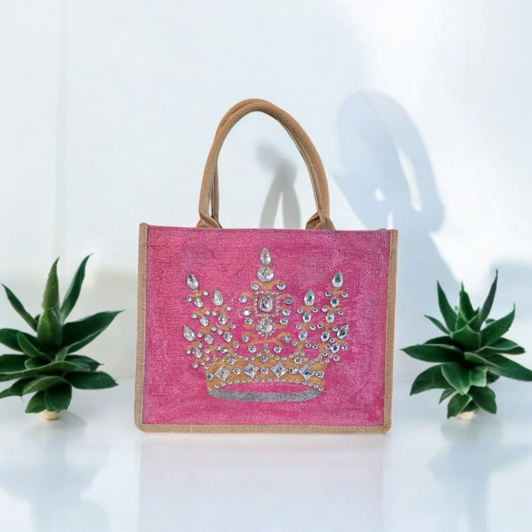 gold crown tote bag, metallic pink tote bag, queen tote bag, princess tote bag, beaded crown jute bag, eco-friendly tote
