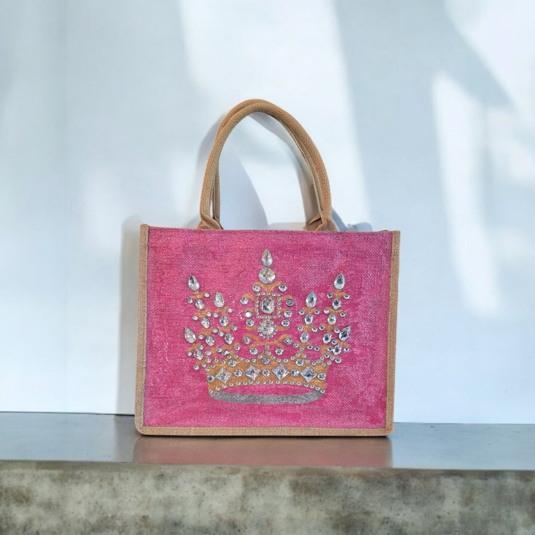 gold crown tote bag, metallic pink tote bag, queen tote bag, princess tote bag, beaded crown jute bag, eco-friendly tote