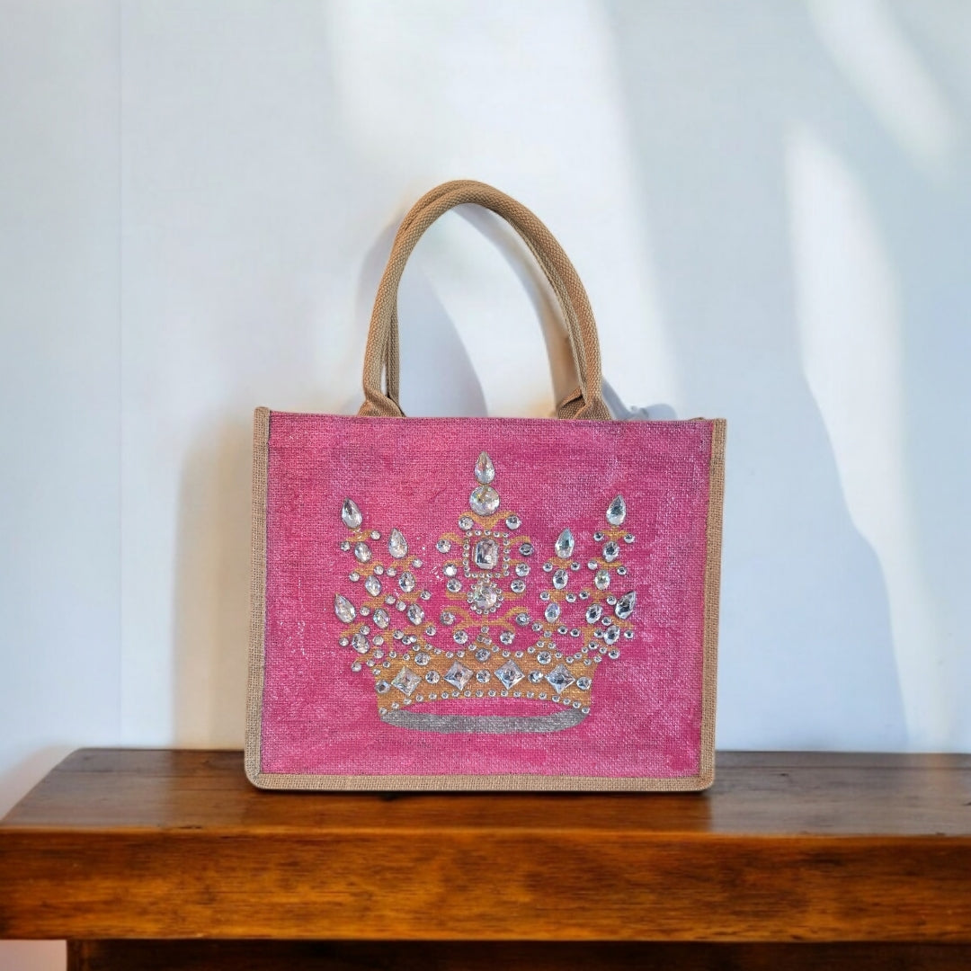 gold crown tote bag, metallic pink tote bag, queen tote bag, princess tote bag, beaded crown jute bag, eco-friendly tote