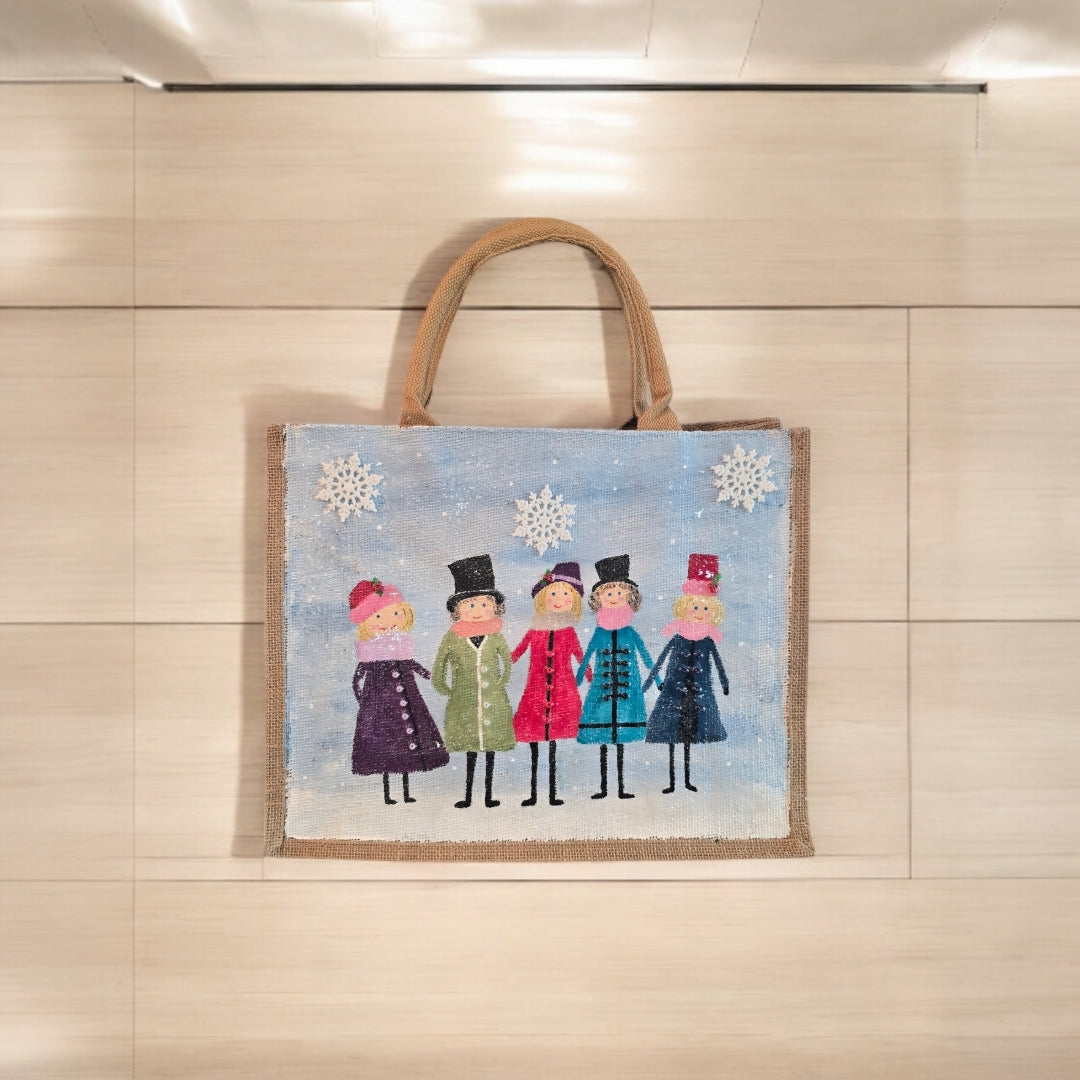 vintage ladies tote bag, blue tote bag, hand painted beaded vintage jute bag, eco-friendly retro style tote