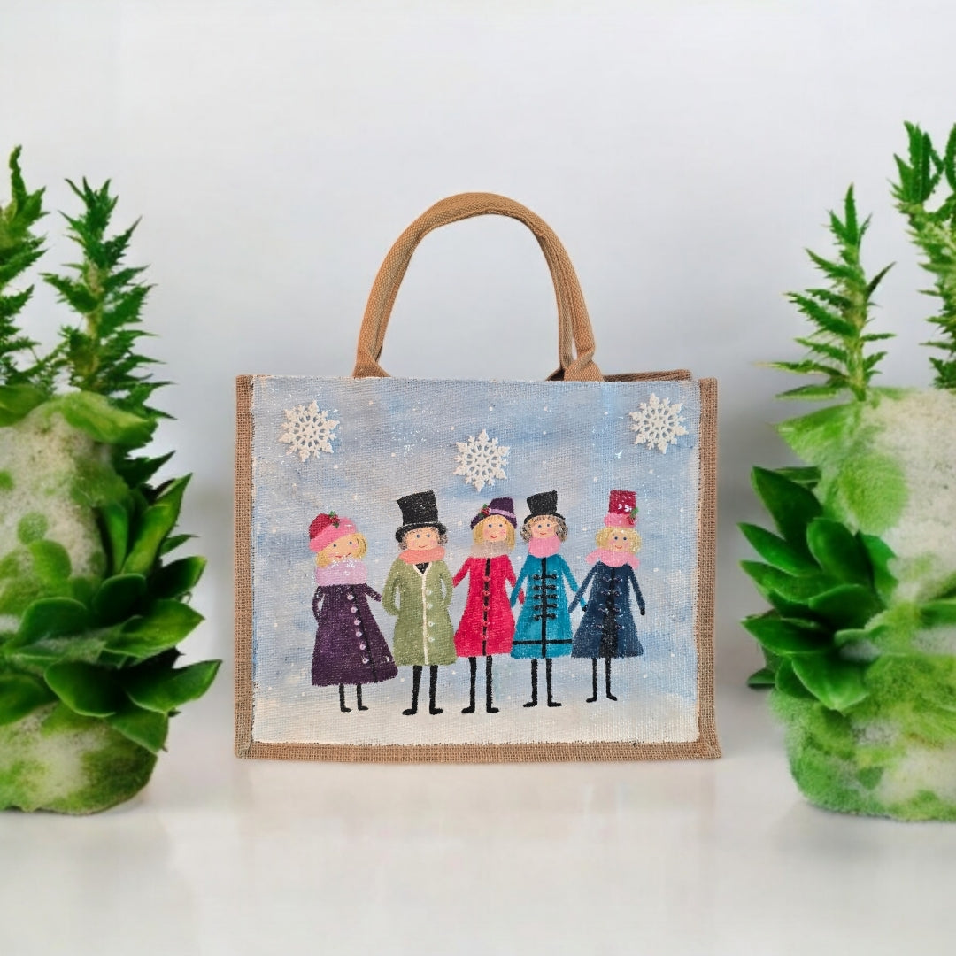vintage ladies tote bag, blue tote bag, hand painted beaded vintage jute bag, eco-friendly retro style tote