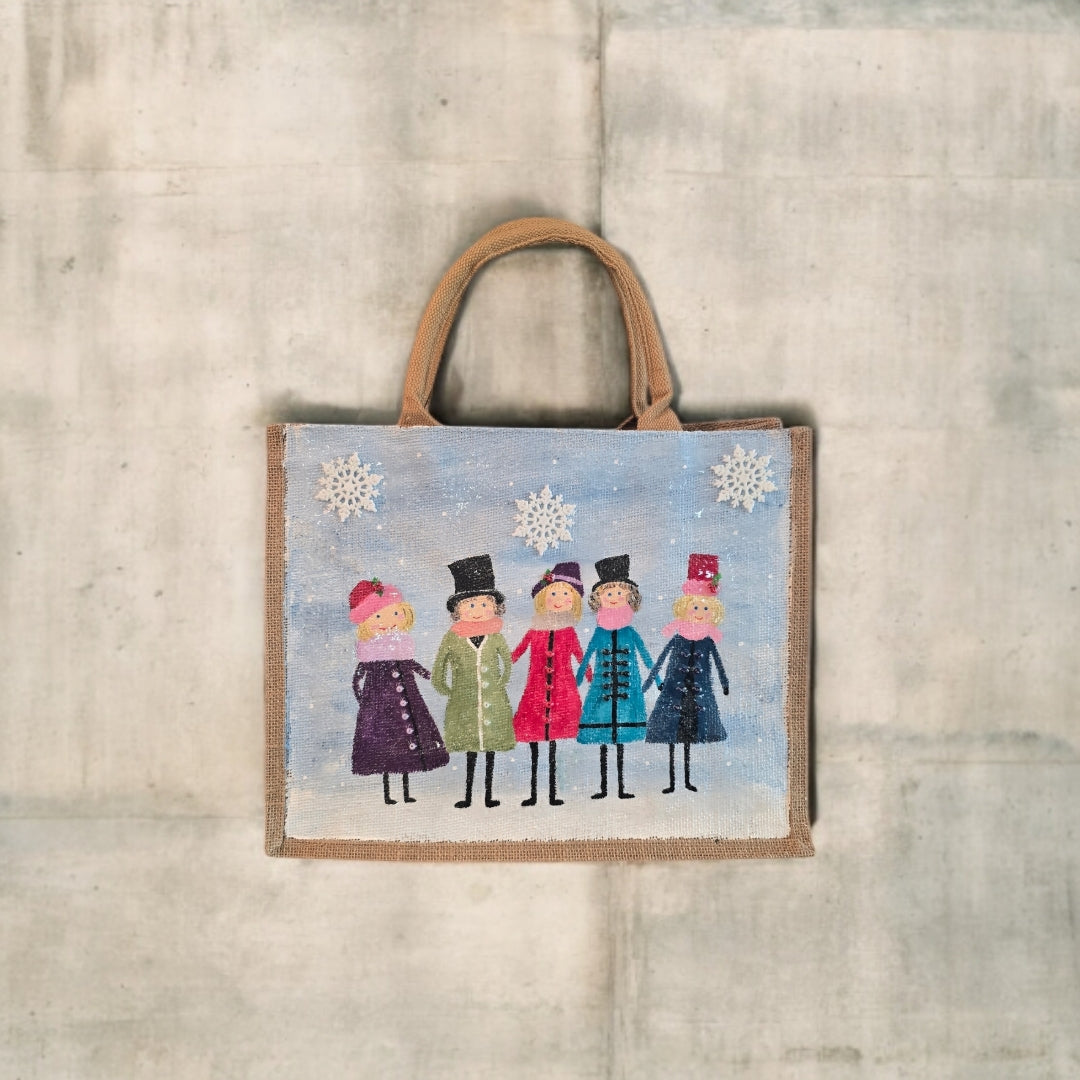 vintage ladies tote bag, blue tote bag, hand painted beaded vintage jute bag, eco-friendly retro style tote