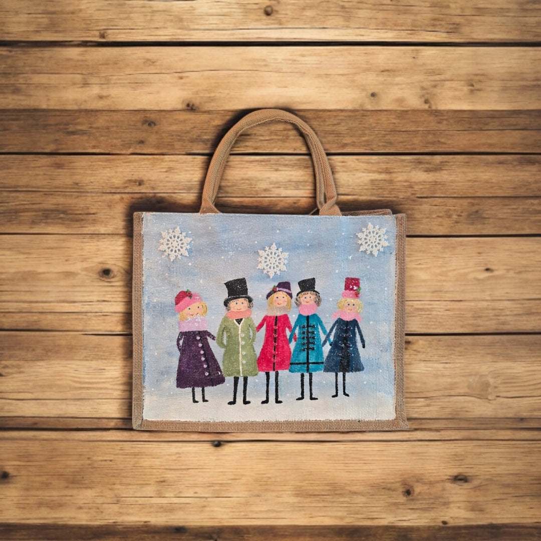 vintage ladies tote bag, blue tote bag, hand painted beaded vintage jute bag, eco-friendly retro style tote