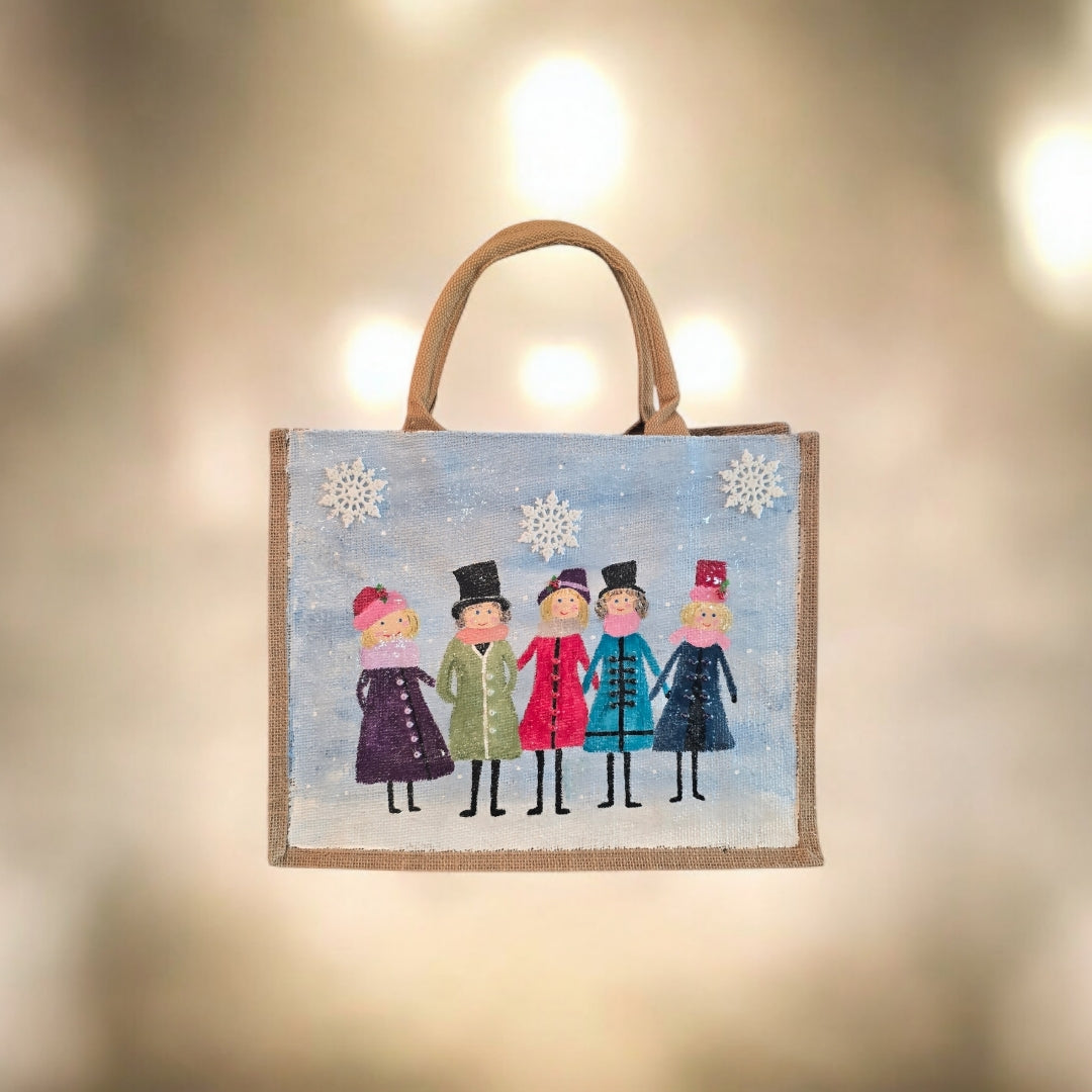 vintage ladies tote bag, blue tote bag, hand painted beaded vintage jute bag, eco-friendly retro style tote