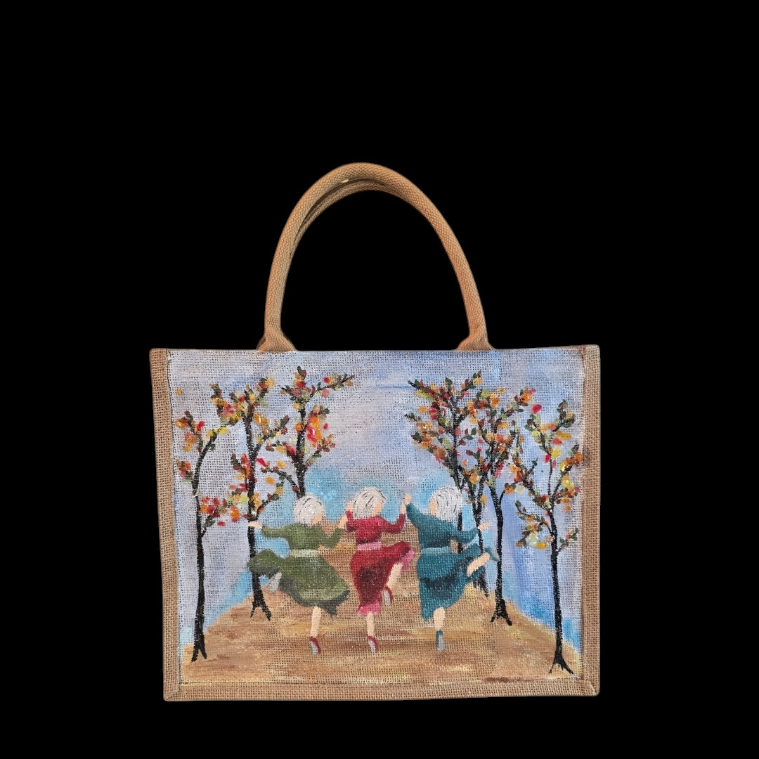 dancing ladies tote bag, multicolored tote bag, hand painted beaded dance jute bag, eco-friendly market tote