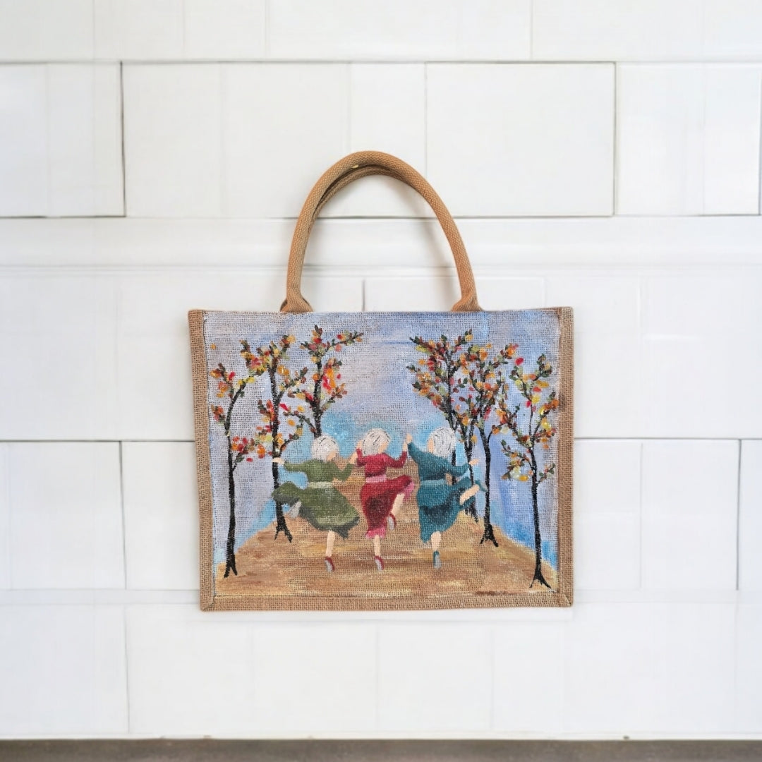 dancing ladies tote bag, multicolored tote bag, hand painted beaded dance jute bag, eco-friendly market tote