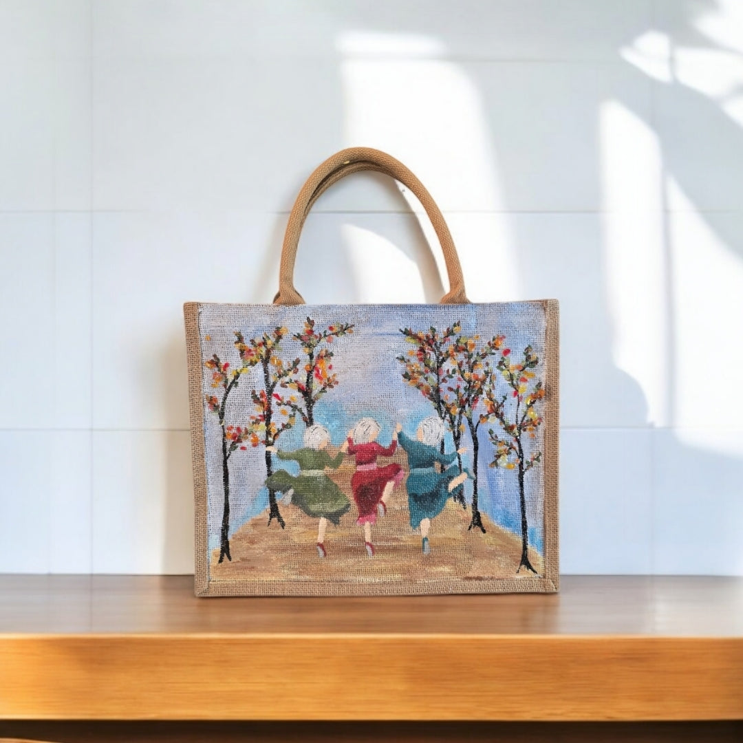 dancing ladies tote bag, multicolored tote bag, hand painted beaded dance jute bag, eco-friendly market tote