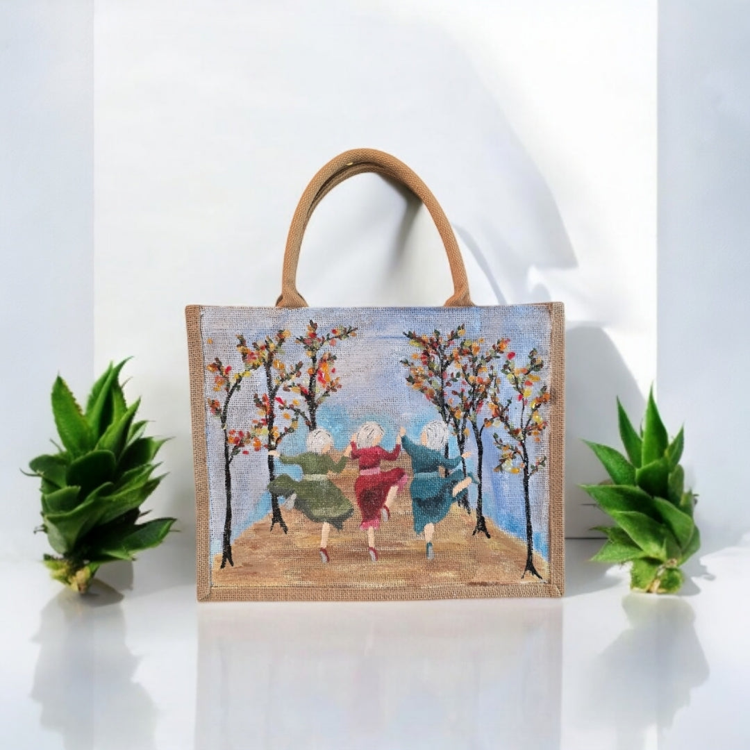 dancing ladies tote bag, multicolored tote bag, hand painted beaded dance jute bag, eco-friendly market tote