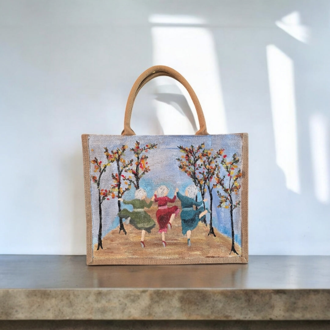 dancing ladies tote bag, multicolored tote bag, hand painted beaded dance jute bag, eco-friendly market tote