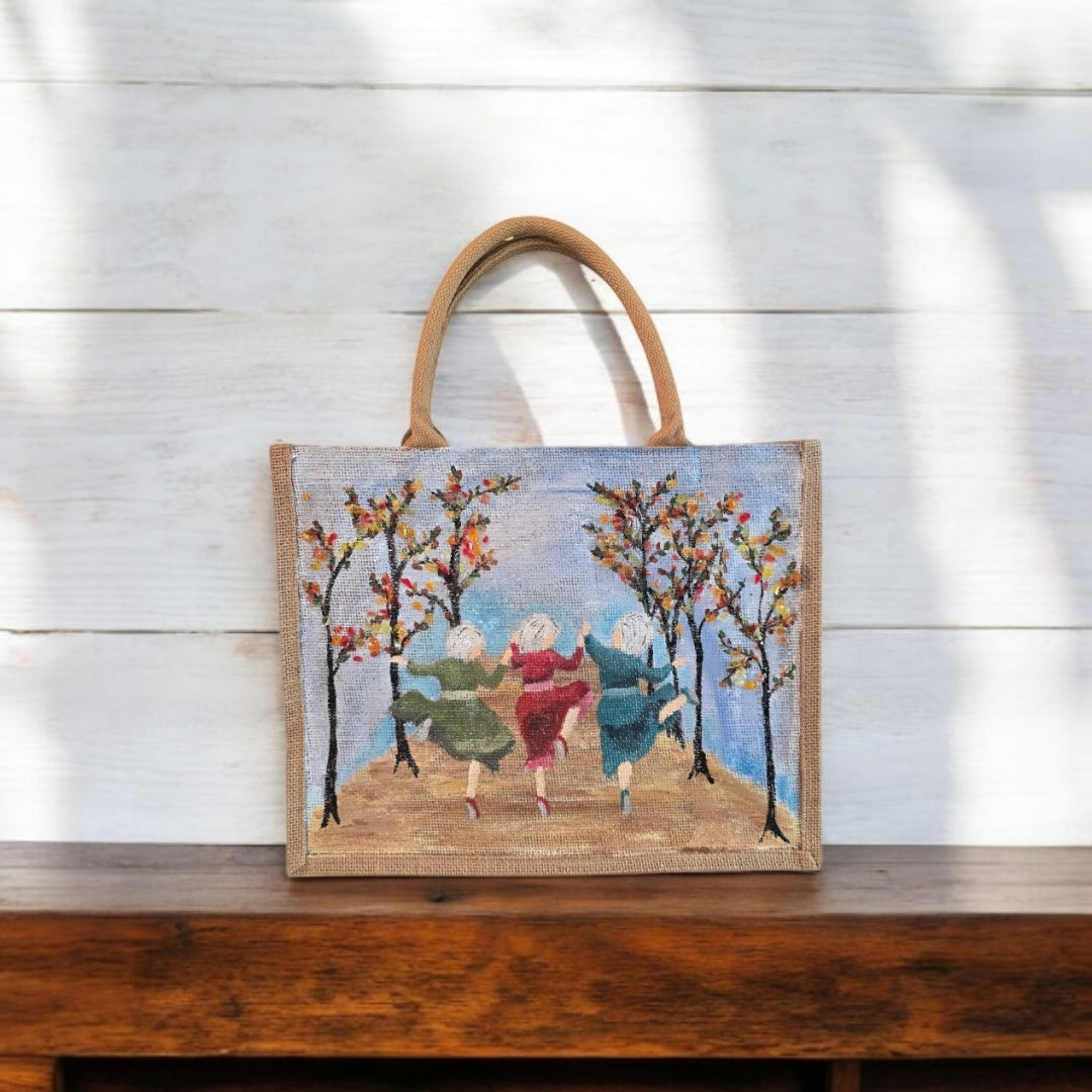 dancing ladies tote bag, multicolored tote bag, hand painted beaded dance jute bag, eco-friendly market tote