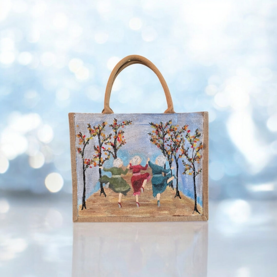 dancing ladies tote bag, multicolored tote bag, hand painted beaded dance jute bag, eco-friendly market tote