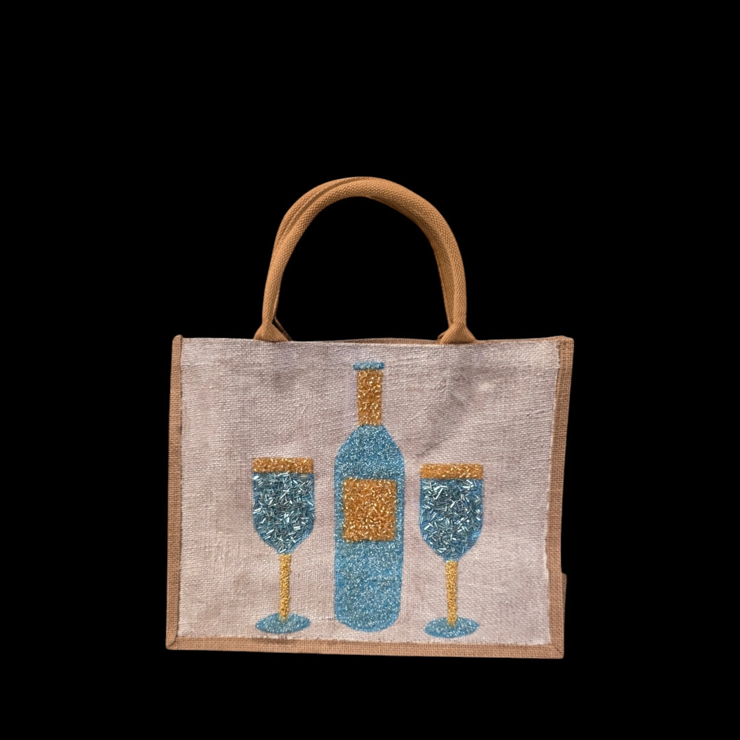 wine tote bag, beaded wine bottle tote, turquoise and gold wine tote, eco-friendly wine market bag, off white tote bagn
