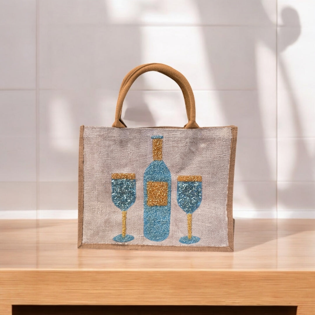 wine tote bag, beaded wine bottle tote, turquoise and gold wine tote, eco-friendly wine market bag, off white tote bag