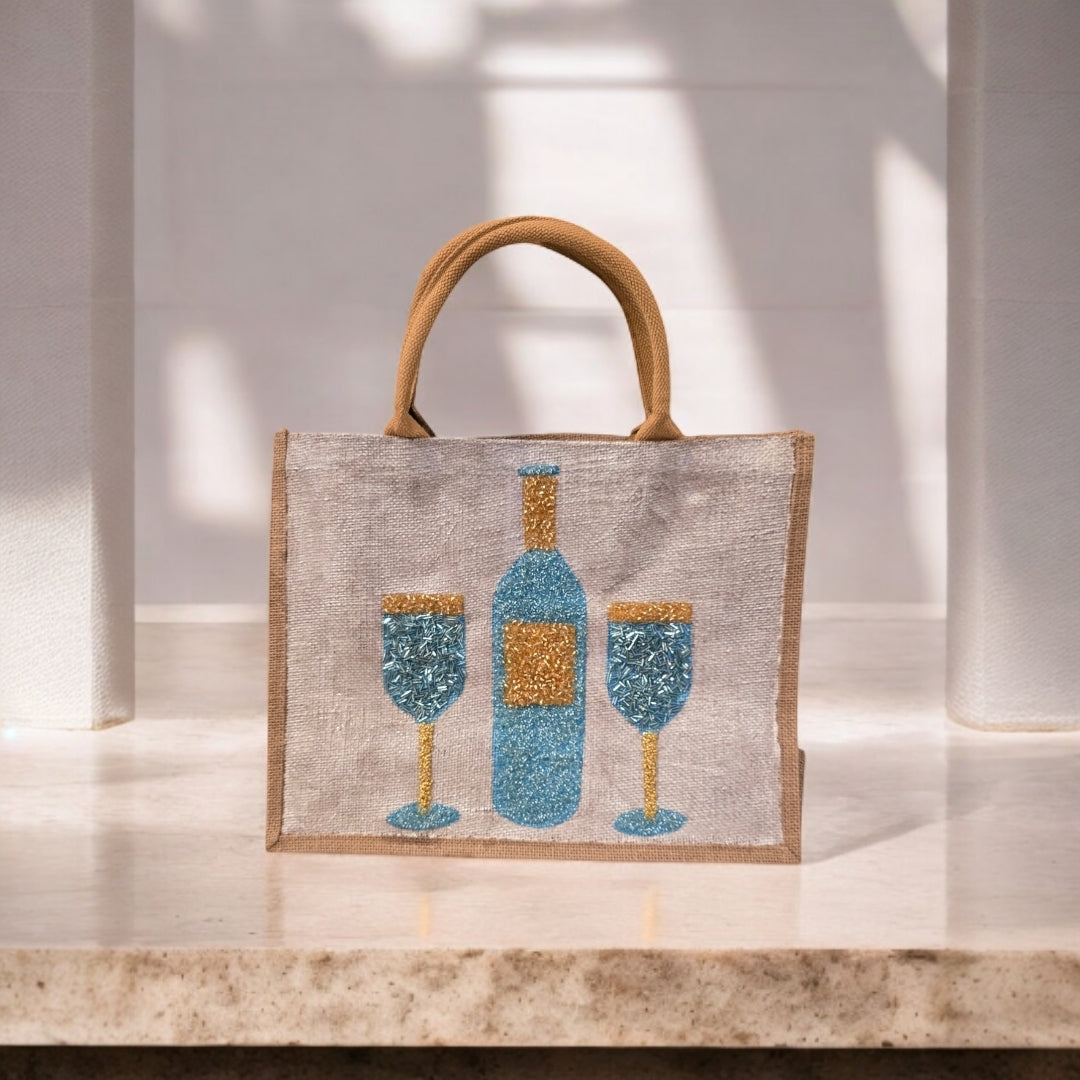 wine tote bag, beaded wine bottle tote, turquoise and gold wine tote, eco-friendly wine market bag, off white tote bag