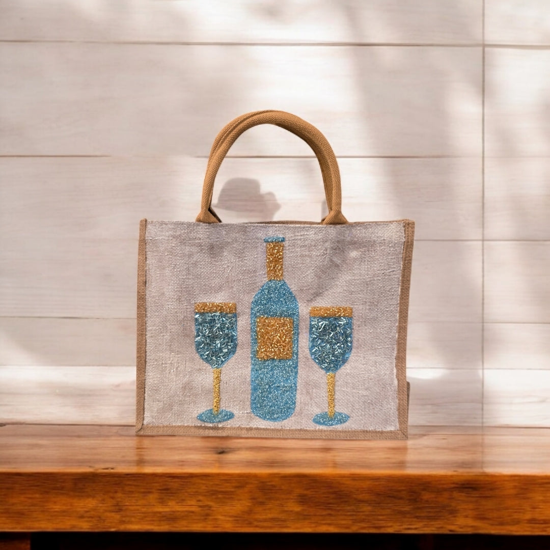 wine tote bag, beaded wine bottle tote, turquoise and gold wine tote, eco-friendly wine market bag, off white tote bag