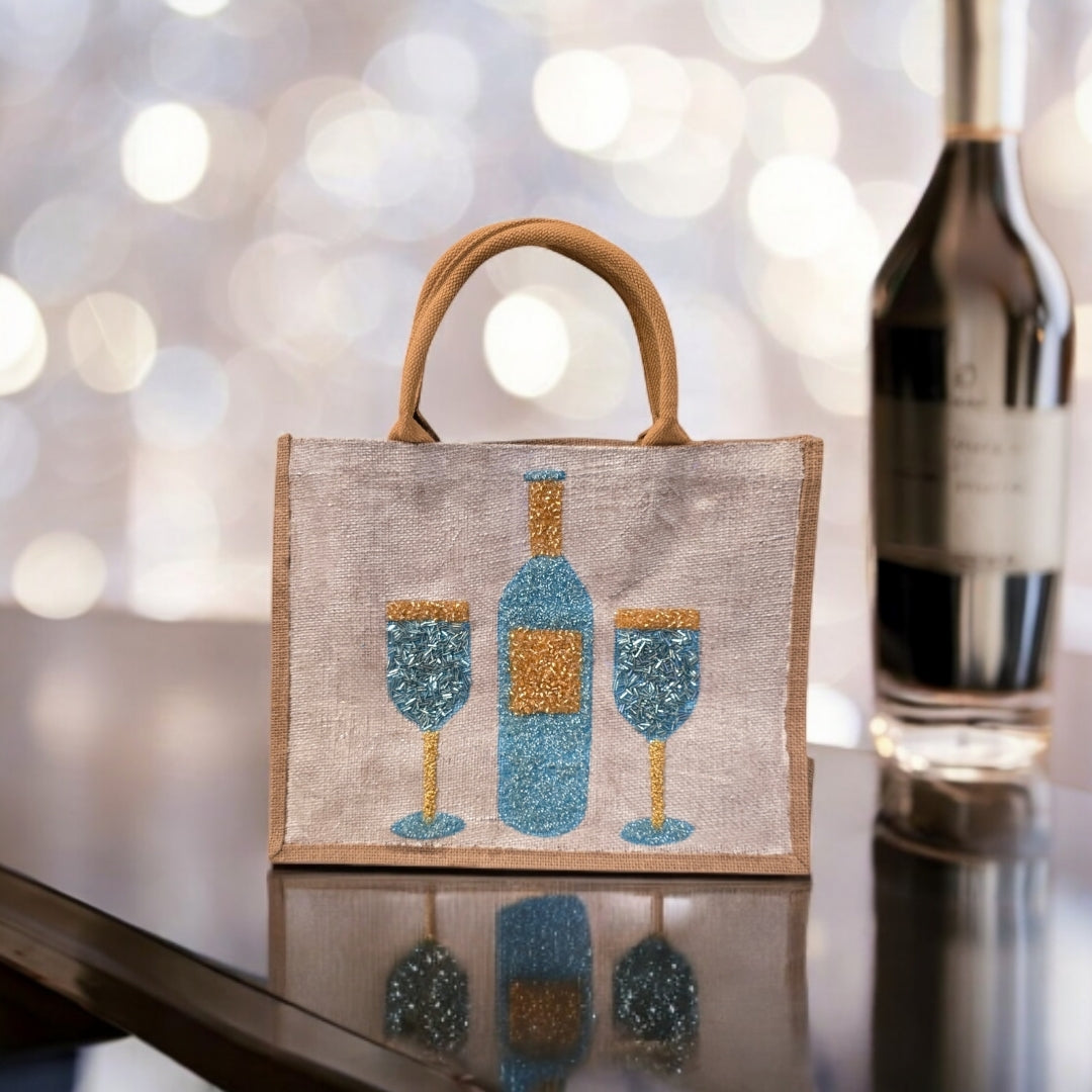 wine tote bag, beaded wine bottle tote, turquoise and gold wine tote, eco-friendly wine market bag, off white tote bag
