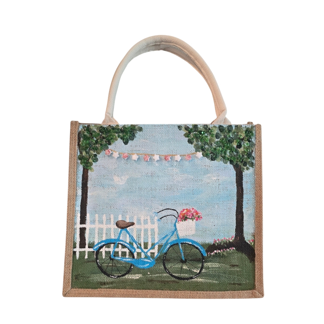 Bicycle-in-Park-Tote-Bag, Hand-Painted-with-Flowers-and-Beads, Artistic-Design