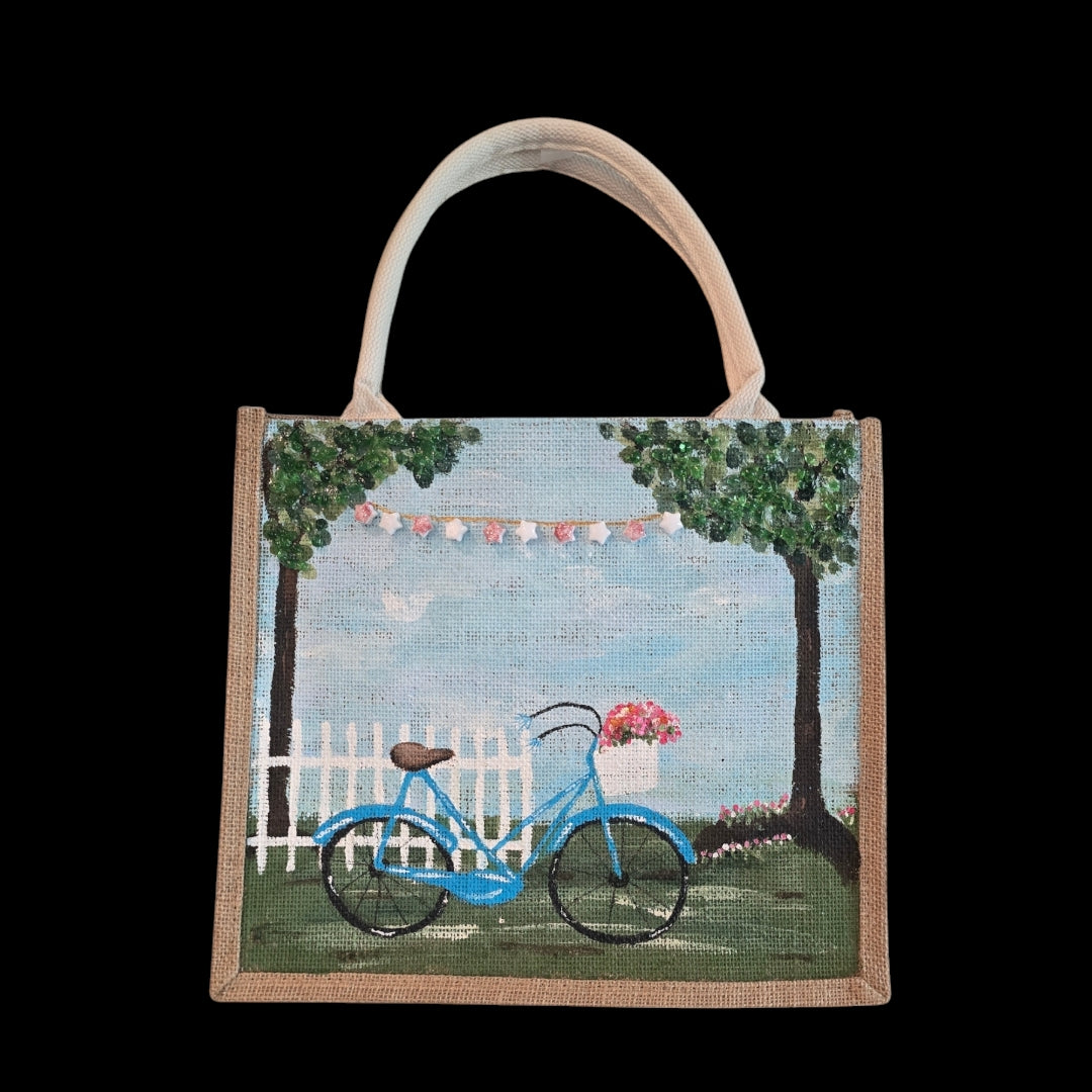 bicycle tote bag, blue tote bag, hand painted beaded bike jute bag, eco-friendly bicycle market bag