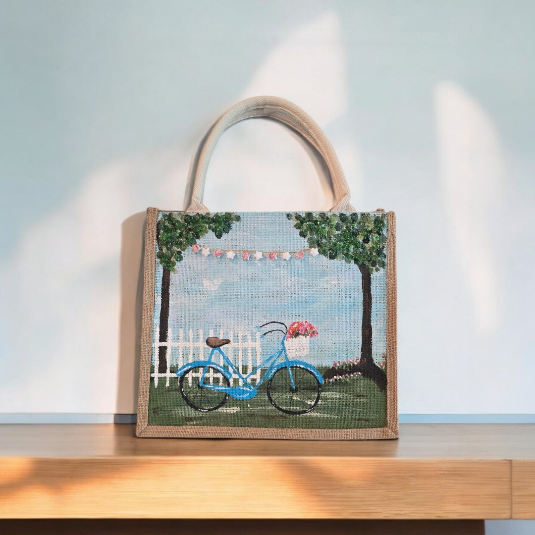 bicycle tote bag, blue tote bag, hand painted beaded bike jute bag, eco-friendly bicycle market bag