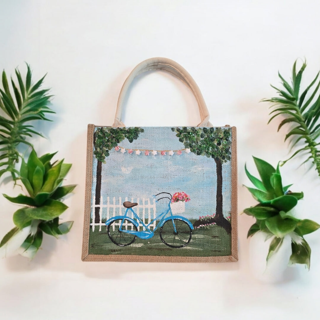 bicycle tote bag, blue tote bag, hand painted beaded bike jute bag, eco-friendly bicycle market bag