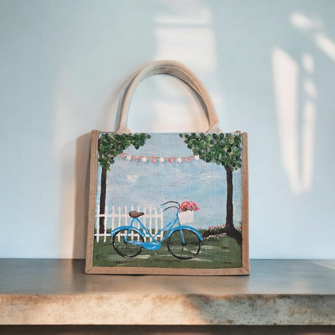 bicycle tote bag, blue tote bag, hand painted beaded bike jute bag, eco-friendly bicycle market bag