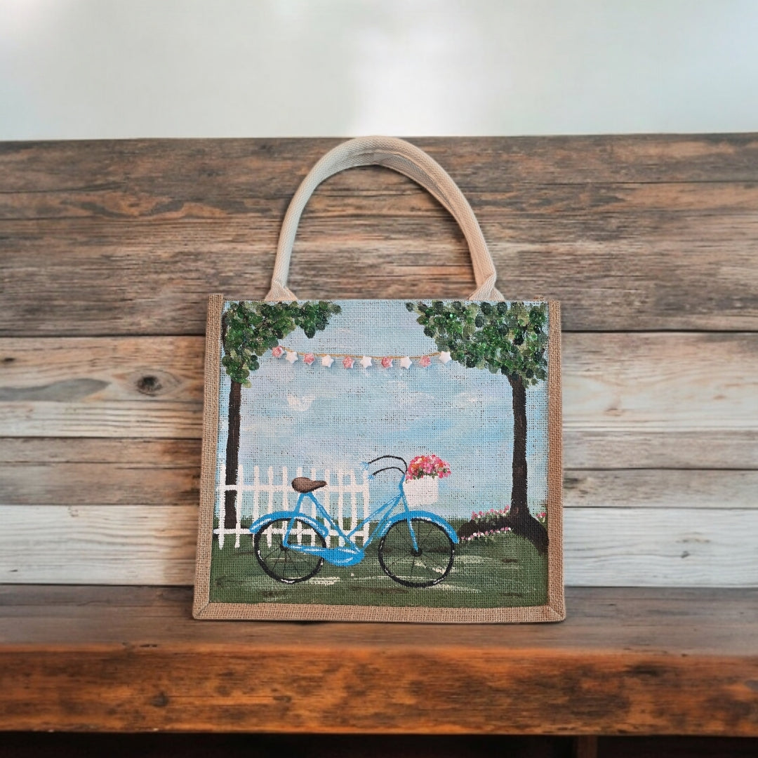 bicycle tote bag, blue tote bag, hand painted beaded bike jute bag, eco-friendly bicycle market bag