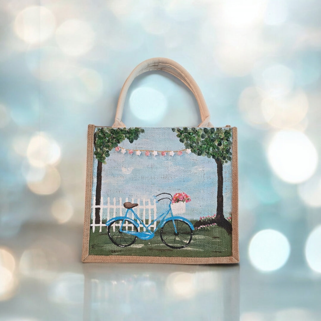 bicycle tote bag, blue tote bag, hand painted beaded bike jute bag, eco-friendly bicycle market bag
