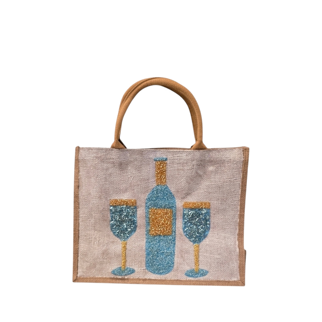 wine tote bag, beaded wine bottle tote, turquoise and gold wine tote, eco-friendly wine market bag, off white tote bag