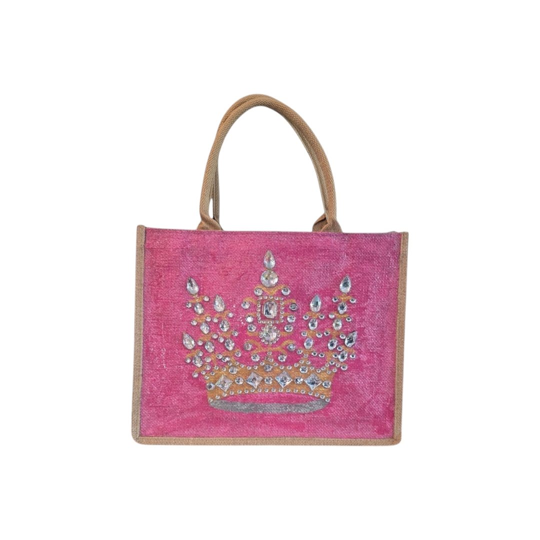 gold crown tote bag, metallic pink tote bag, queen tote bag, princess tote bag, beaded crown jute bag, eco-friendly tote