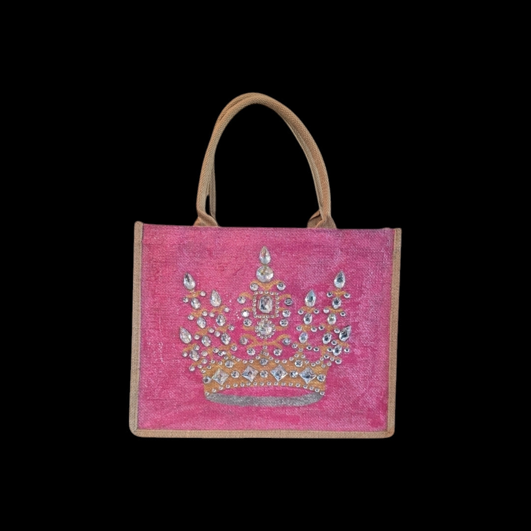 gold crown tote bag, metallic pink tote bag, queen tote bag, princess tote bag, beaded crown jute bag, eco-friendly tote