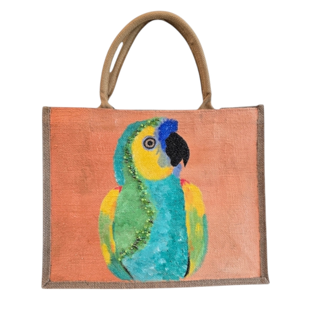 parrot on orange tote bag, tropical parrot tote, hand painted parrot jute bag, eco-friendly bird tote