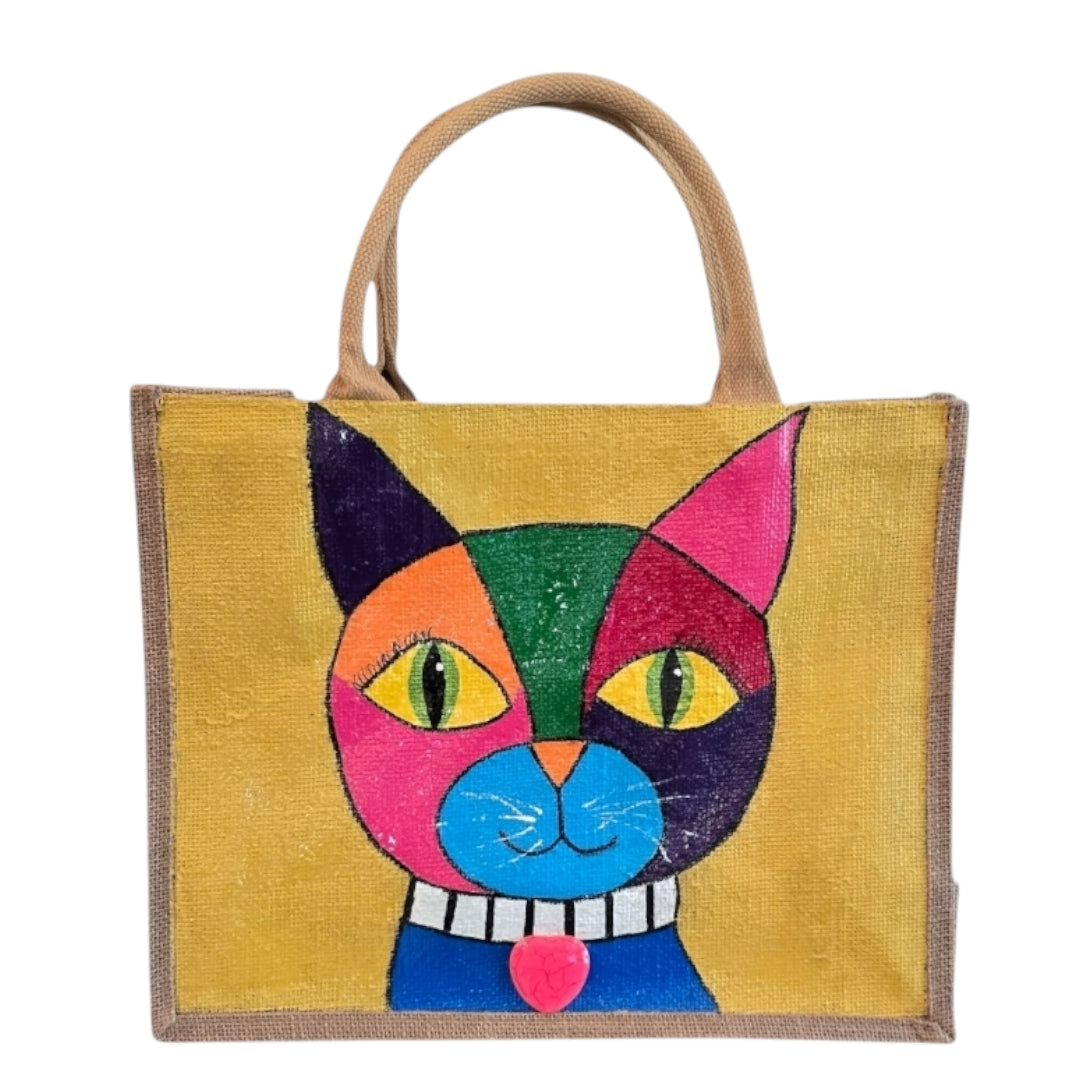 Abstract-Cat-Tote-Bag, Hand-Painted-with-Bright-Beads-and-Charm, Unique-Artistic-Design
